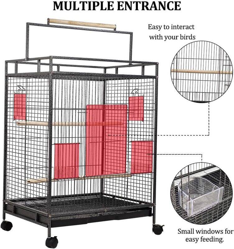 Bird cage Wrought iron with handle wooden perch, Plastic food bawls, and removable tray, Play top bird cage for Small Parrots, Lovebirds, Canaries and Budgies 95 cm (Black)